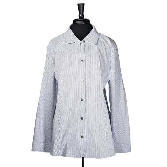 Chico's Women's Jacket Blue White Striped Snap Button Stretch Blazer 3 US XL/16 - Picture 1 of 9